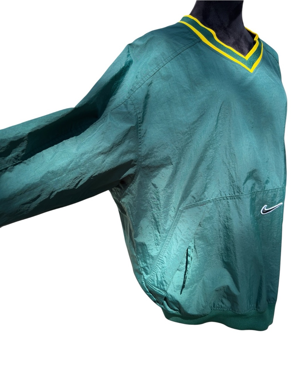 Nike V-Neck Nylon Pullover Vintage Y2K Sportswear Center Swoosh Green Gold XL - Picture 9 of 15